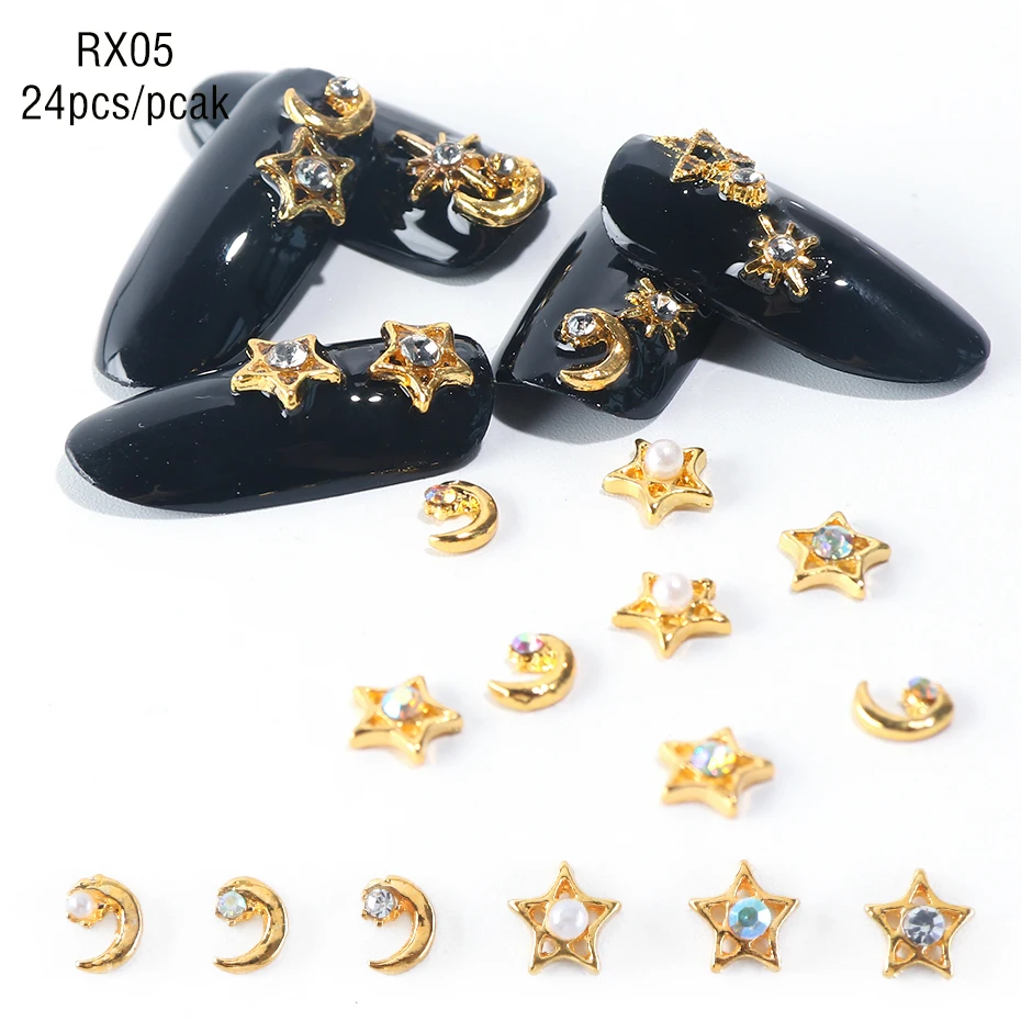 24pc Gold 3D Nail Art Decorations Charm Alloy Metal Set Mixed Star Moon AB Rhinestones Jewelry Frame Rivet DIY Accessories LA971 (15)