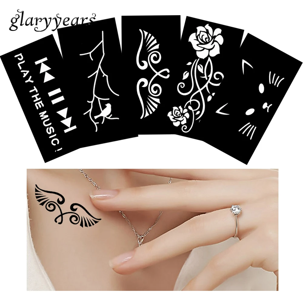 

5 Sheets Women Makeup Henna Tattoo Stencil Paper Cat Wing Flower Pattern Paste Colored Drawing Mehndi Small Tattoo Template G#21