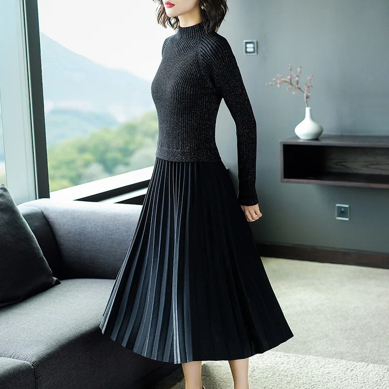 

2018 Woman elegant Autumn Winter sweater Dress Patchwork Women Elegant Half Turtleneck Knit Mid-calf Length Pleated Dress 1117