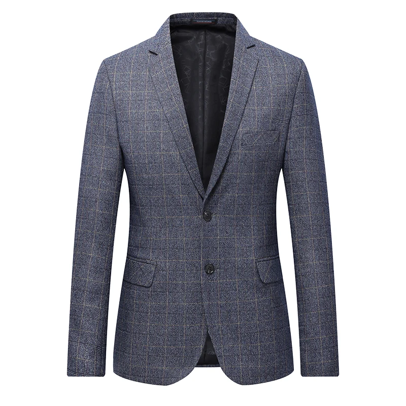 Grey Plaid Leisure Blazer Men Slim Fit Single Button New Brand Clothing
