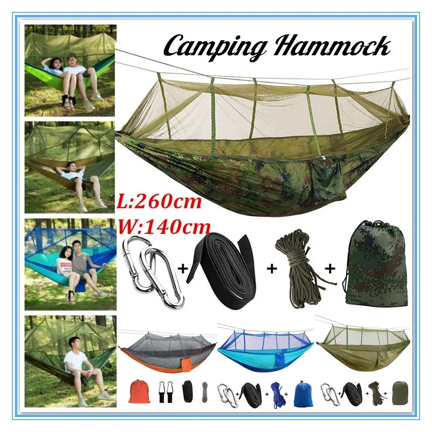 

Portable 1-2 Person Camping Hammock with Mosquito Net Ultralight Hanging Bed Strong Bearing Tree Tent Swing Sleeping Lazy Bag