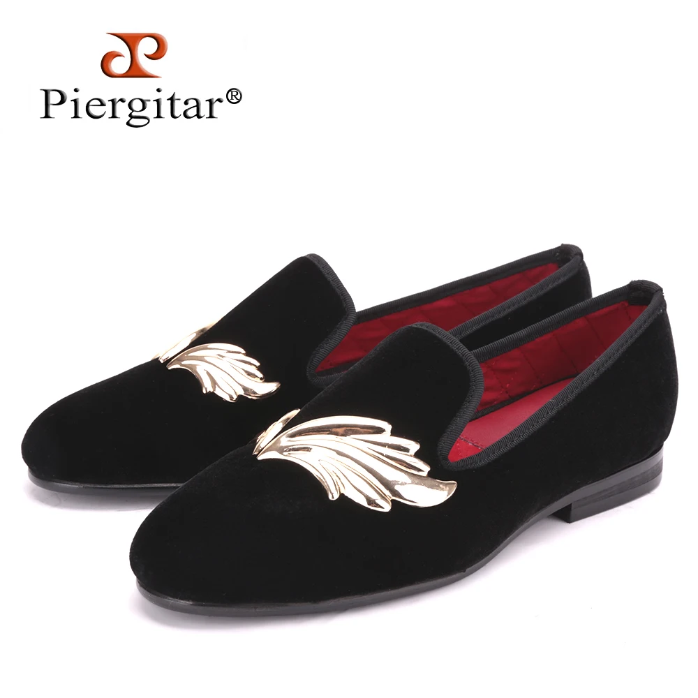 Piergitar 2017 new arrival Handmade women velvet shoes with gold leaf metal Fashion Party and Wedding lady loafers female's flat