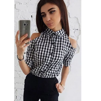 

Women's Checkered Plaid Blouse Cold Shoulder Tops Long Sleeve Shirt Slim Blouse