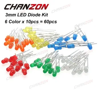 CHANZON 60pcs (6 colors x 10pcs) White Red Green Blue Yellow Orange 3mm 20mA Diffused Light-Emitting Diode LED Lamp Assorted Kit
