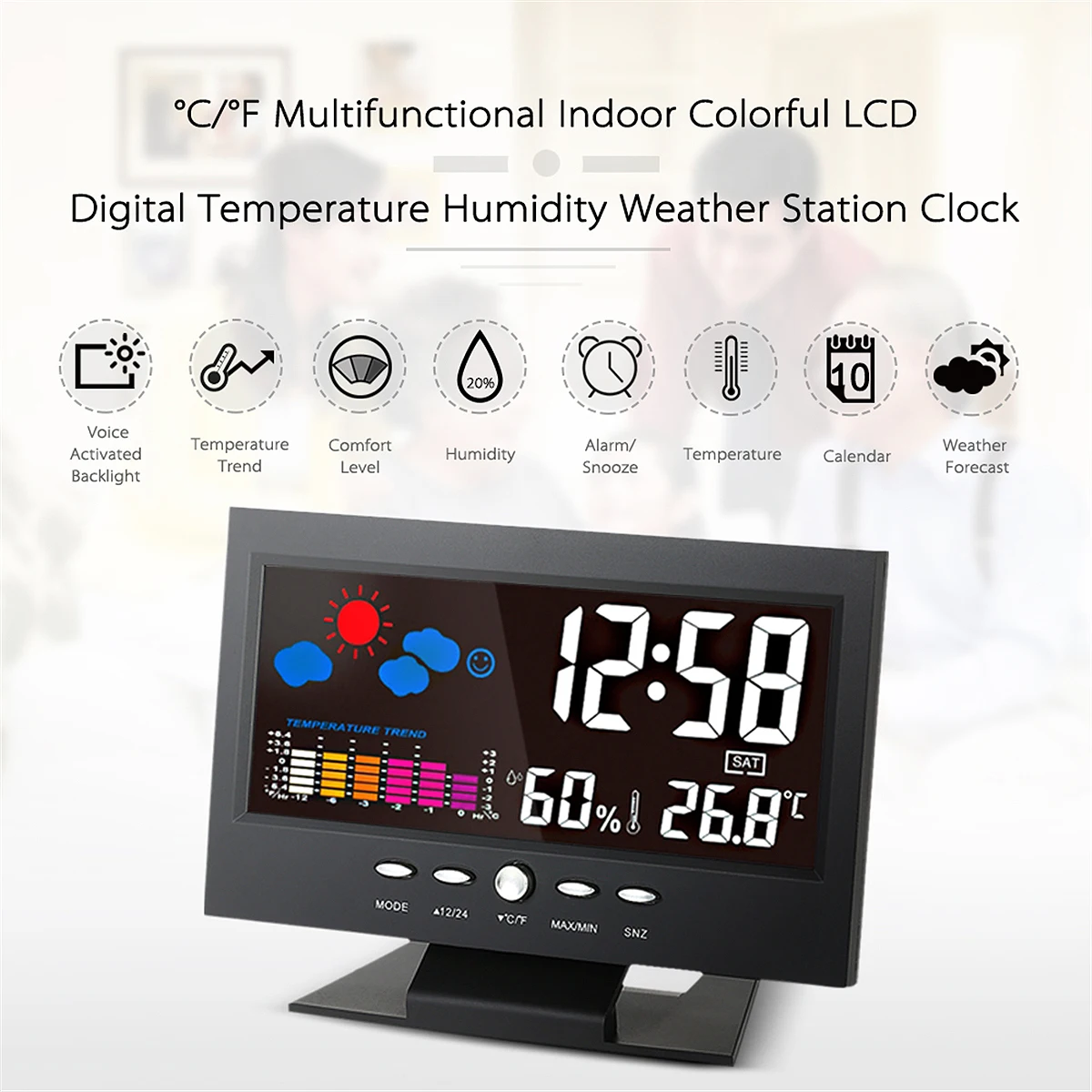 

1Pcs Digital Thermometer Hygrometer Weather Station Alarm Clock Colorful LCD Backlight Calendar for Home for Car