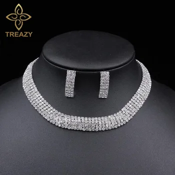 

TREAZY New Crystal Bridal Jewelry Sets Silver Color Rhinestone Choker Necklace Earrings Set for Women Party Wedding Jewelry Set