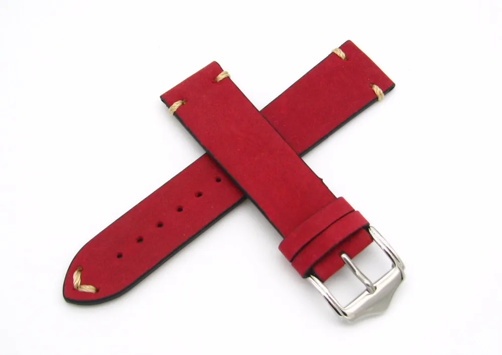 Prix pour 20 22mm Chaude Vente De Femmes Véritable peau de Vache En Daim En Cuir Point à la main Rouge Montre de Courroie De Bande Ceinture Argent Poli Broches boucle Prix pour 20 22mm Chaude Vente De Femmes Véritable peau de Vache En Daim En Cuir Point à la main Rouge Montre de Courroie De Bande Ceinture Argent Poli Broches boucle