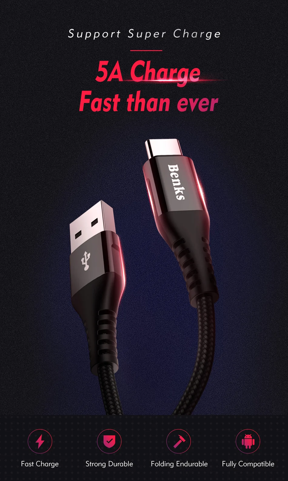 Benks Nylon USB Type C Fast Charging Cable For Samsung S8 S9 Huawei P10 P9 Plus Xiaomi 6 5 Android  Phone 5A Charger Cables 1 (1)