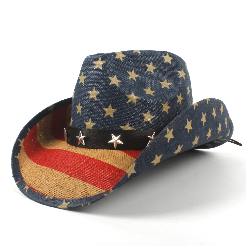 

USA American Flag Women Men Straw Cowboy Hat For Dad Western Sombrero Hombre Cowgirl Jazz Caps Size 58CM