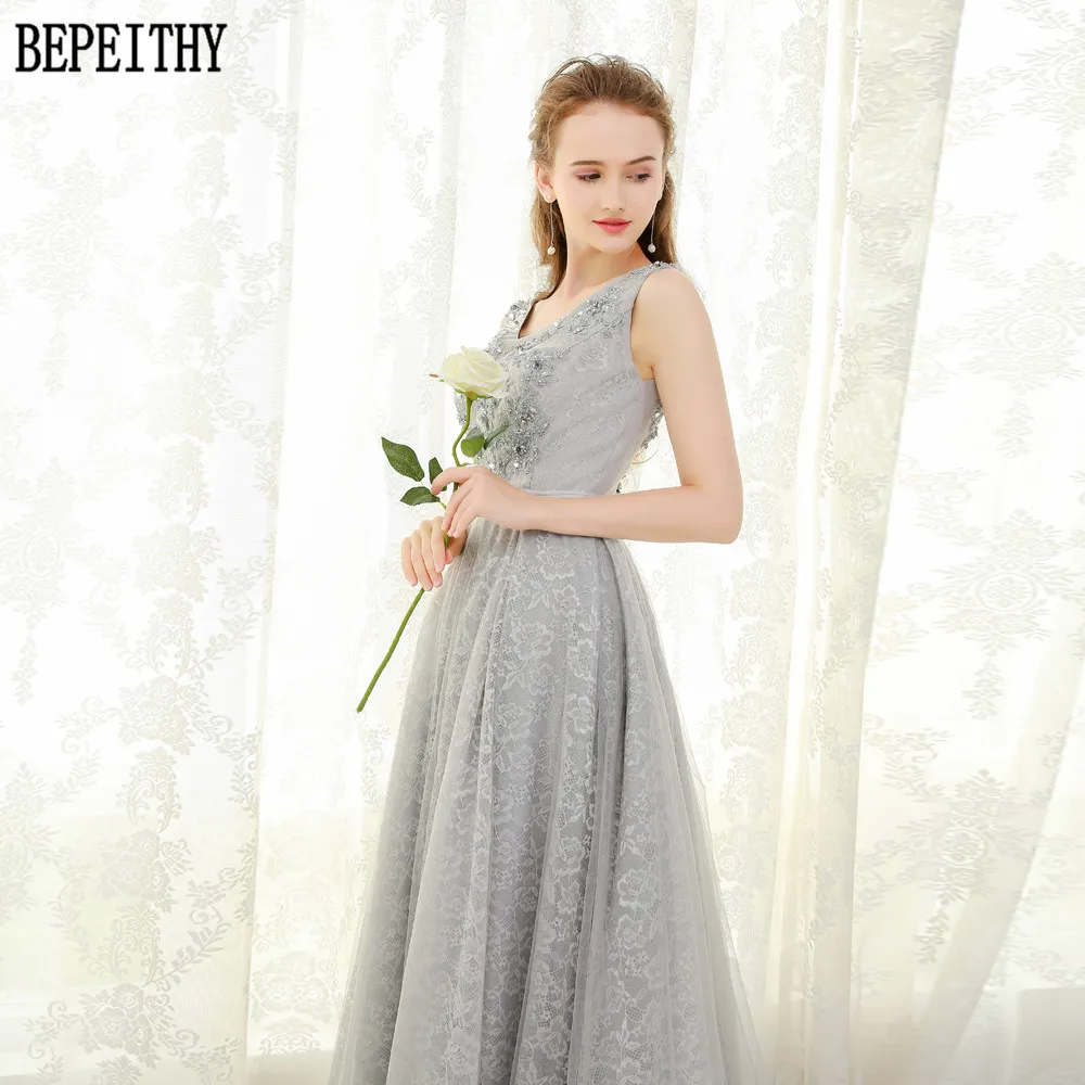 BEPEITHY Robe De Soiree А-силуэт Тюль v-образный Вырез Аппликация из бисера длинное вечернее платье для вечерние элегантные длинные наряд для