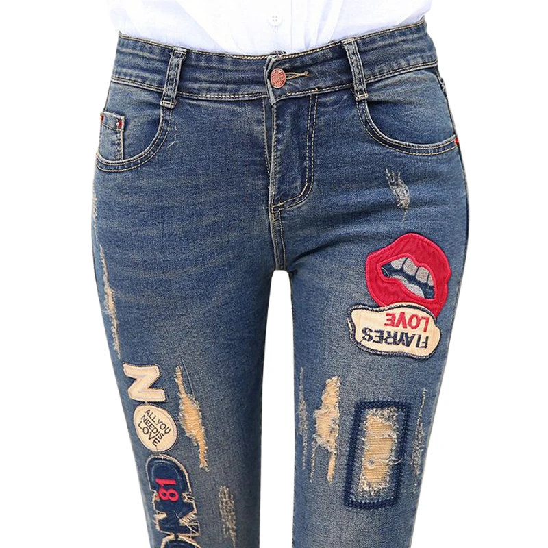 Новинка, джинсовые рваные брюки стиля гранж, эластичные женские узкие брюки-карандаш, джинсовые брюки с надписью «Lips» для женщин