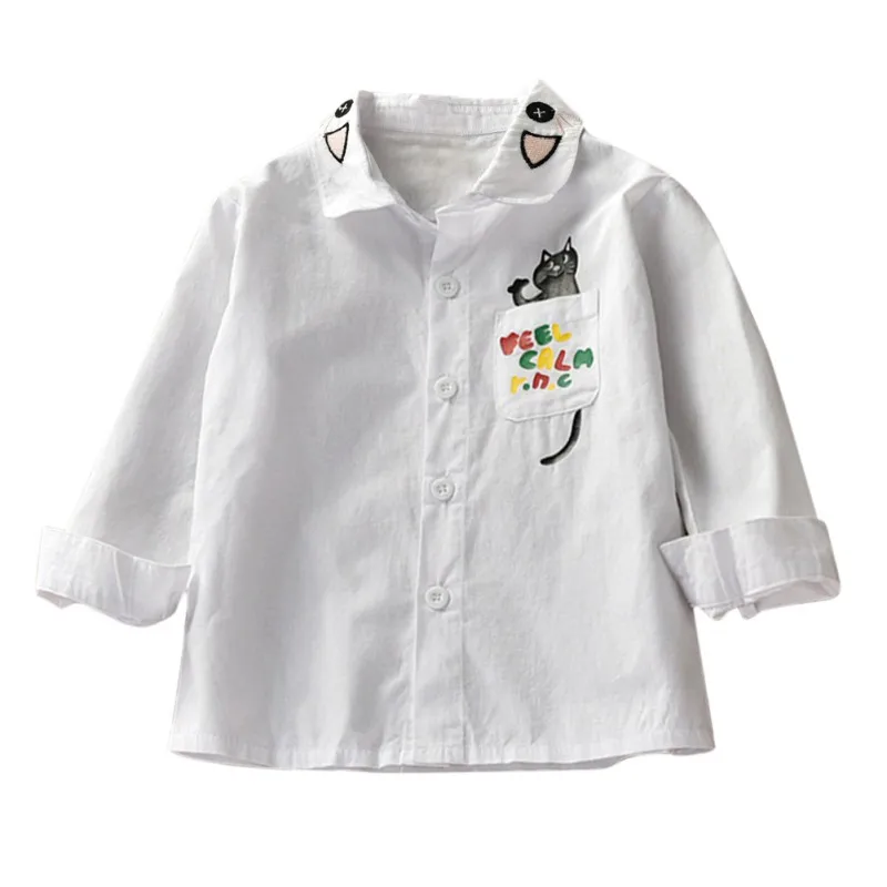 Новинка; стильная детская белая рубашка для маленьких девочек; топы; Повседневная блузка с длинными рукавами и вышивкой; рубашки; удобная одежда