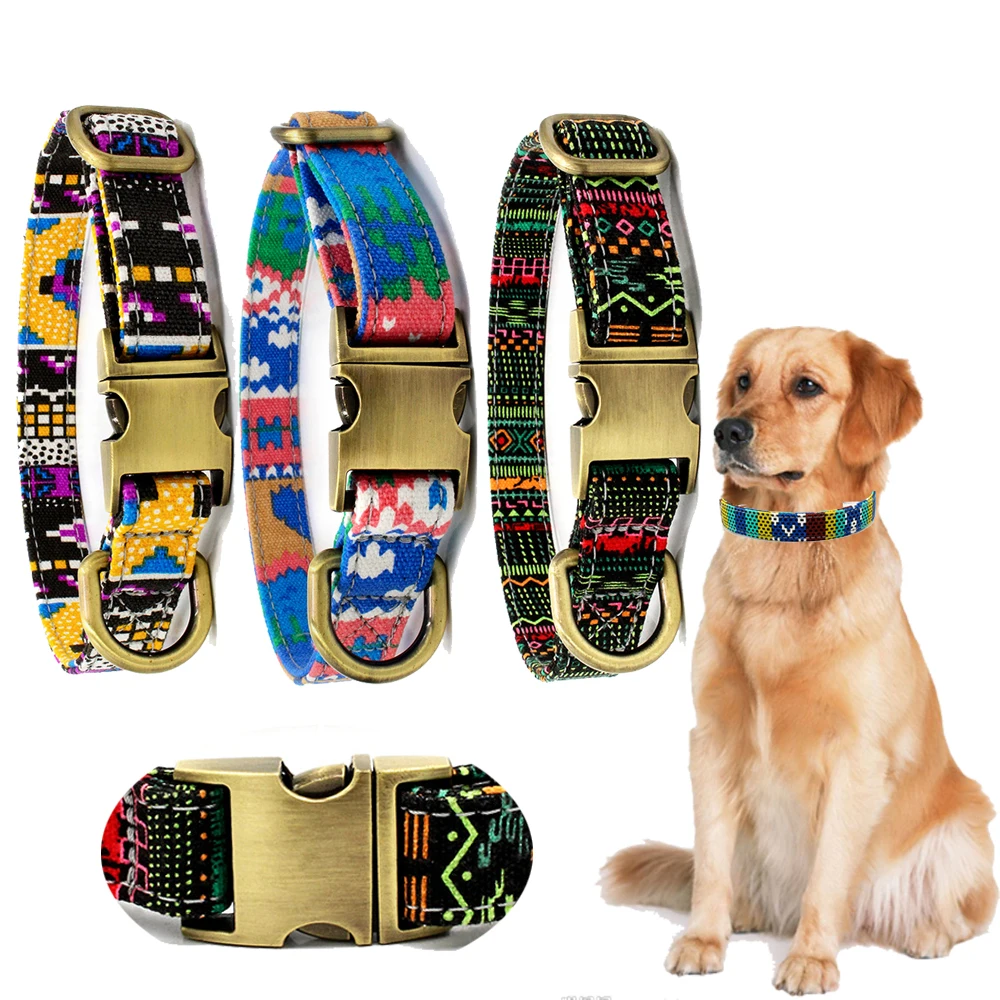 

Dog Collar Canvas Bohemian Pet Dog Tag Collar Bronze Button Adjustable Puppy Cat Nameplate ID Collars