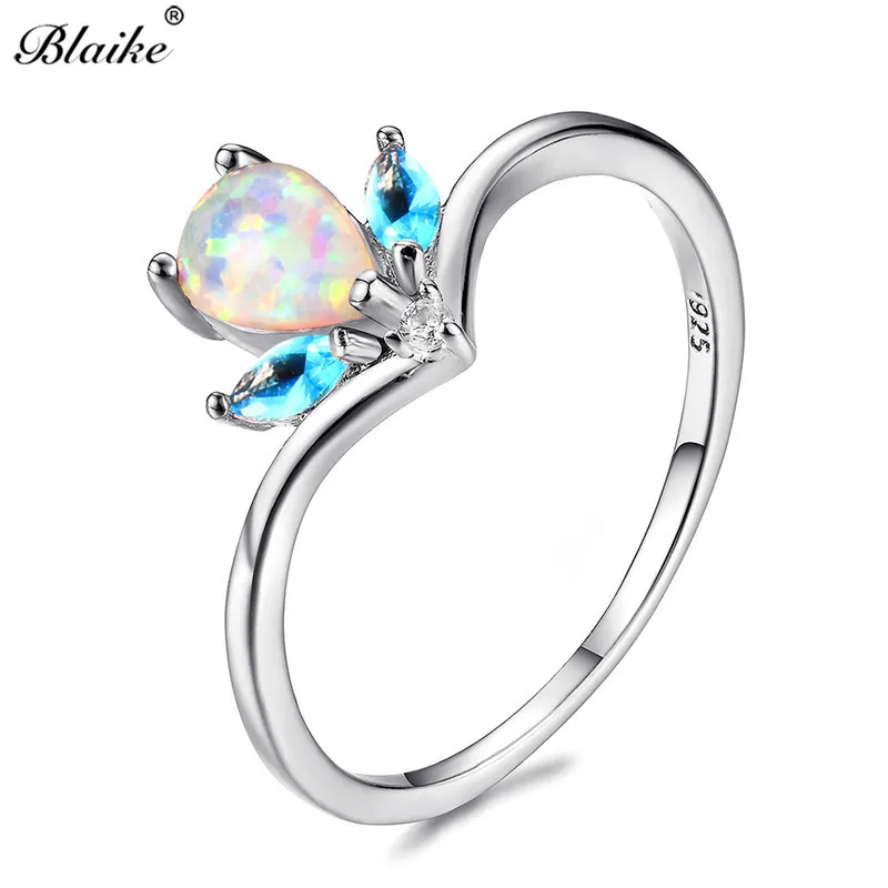 Blaike Charming Water Drop Purple/White/Blue Fire Opal Rings for Women 925 Sterling Silver Filled Birthstone Crystal Zircon Ring