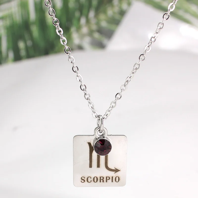 Новое ожерелье со знаком зодиака из нержавеющей стали 12 для женщин хрусталь камень Созвездие квадратный кулон ожерелье ювелирные подарки - Окраска металла: Scorpio