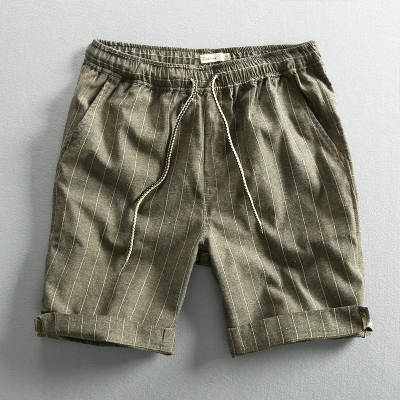 

Men Summer Fashion Brand Japan Style Vintage Simple Striped Cotton Linen Shorts Male Casual Loose Thin Beach Shorts Cloth