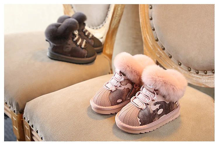 Зимние ботинки для мальчиков и девочек; детская зимняя камуфляжная обувь из искусственной кожи; теплые плюшевые ботинки из кожи с кроличьим мехом; Высококачественная детская обувь
