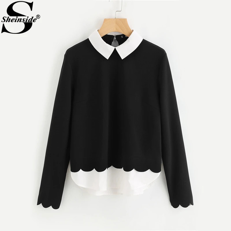 

Sheinside Contrast Collar And Hem Scalloped Women Blouses Color Block Long Sleeve Elegant Tops Office Ladies Work Blouse