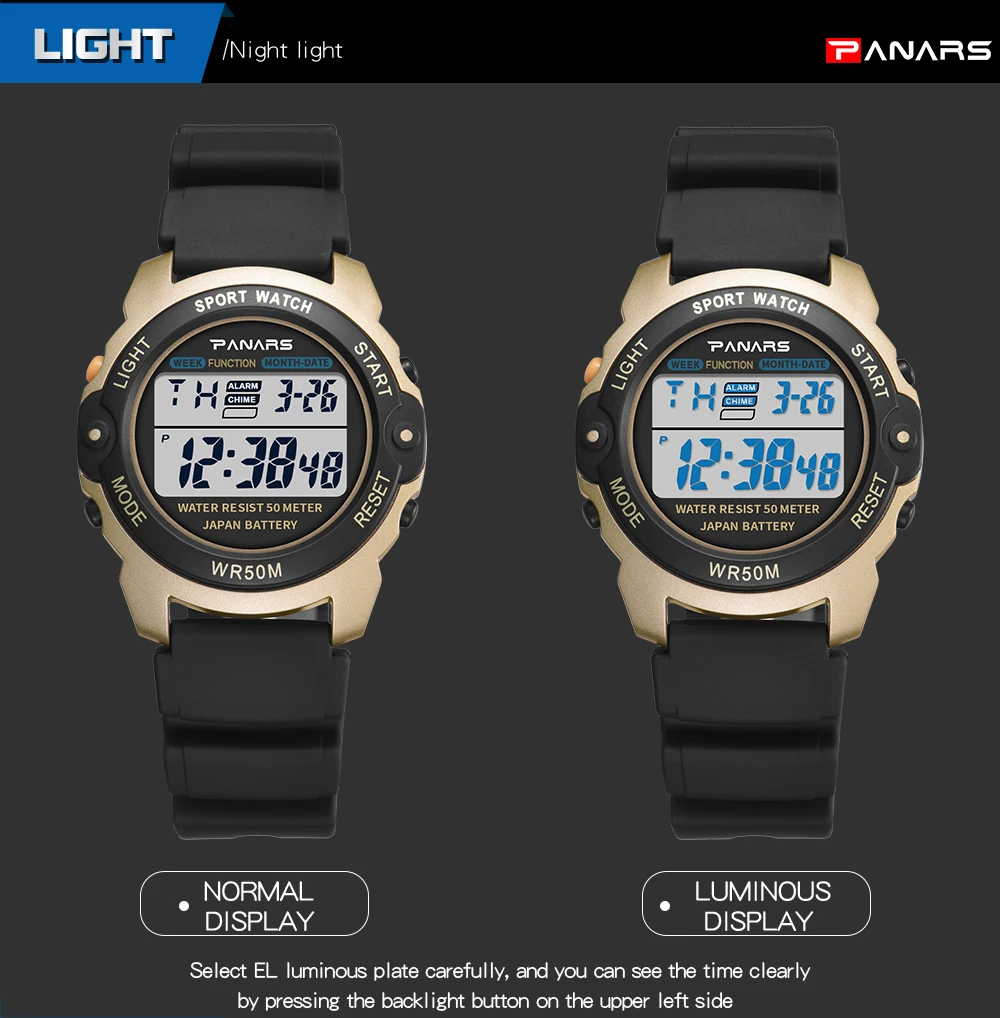 PANARS Outdoor Sports Watch Digital Watches Mens Waterproof Alarm Clock 5Bar LED Black Fashion Watch Mens Chronograph Watch