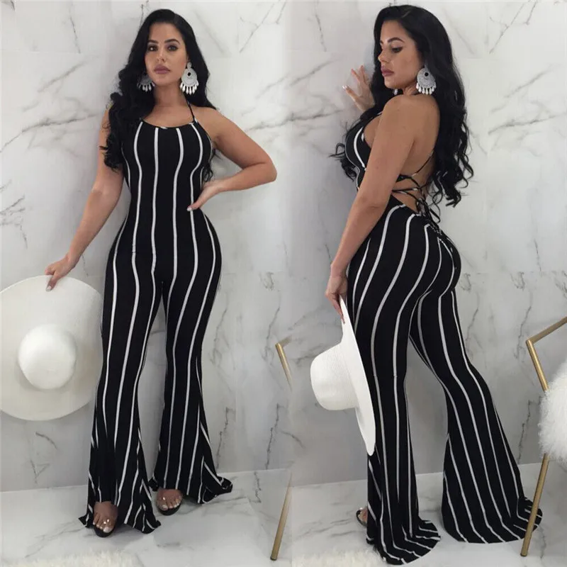 Sexy Fashion Striped Loose Elegant Jumpsuit Summer Romper Women Party