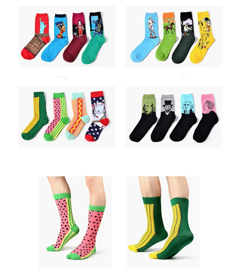 4 пар/лот, Ретро стиль, хлопковые мужские носки с принтом, Веселые носки, рисунок Харадзюку, дизайн Ван Гога, новинка, забавные