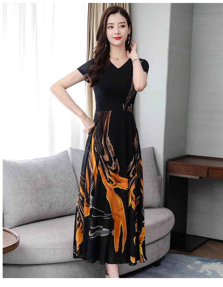 Летнее винтажное черное шифоновое платье миди в стиле бохо, элегантное женское облегающее Платье 4XL размера плюс, макси платья с принтом, вечерние пляжные платья