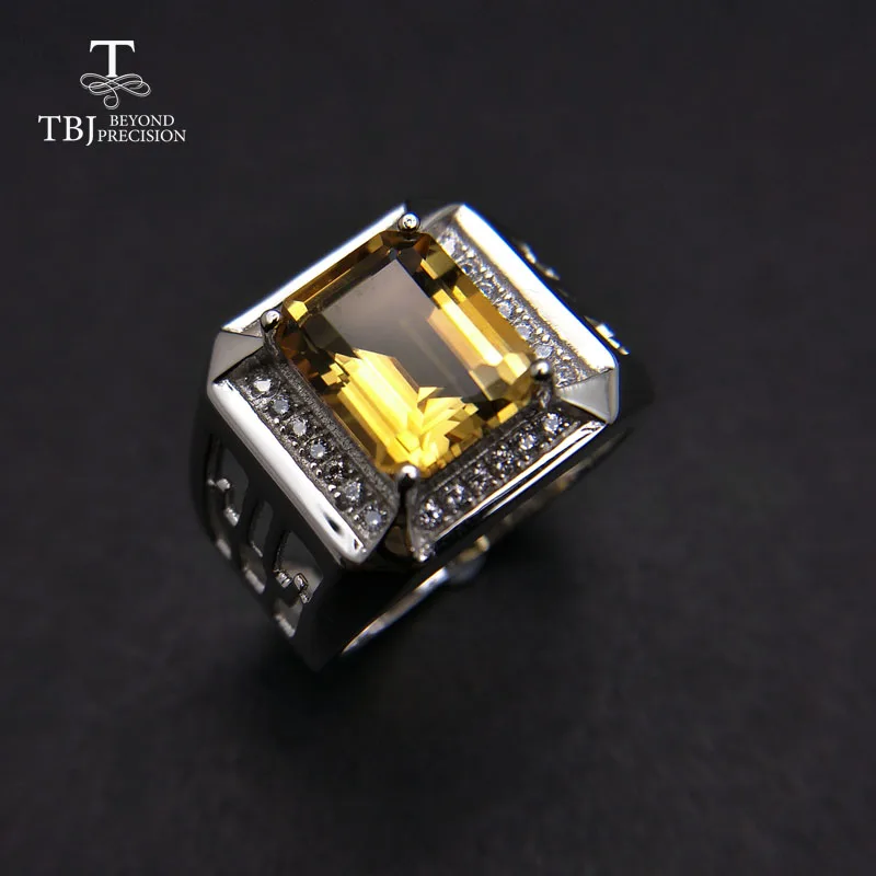 TBJ, изумрудная огранка натуральный цитрин мужское кольцо в 925 пробы драгоценности из серебра и камней, унисекс бойфренд драгоценный камень кольцо с подарочной коробкой