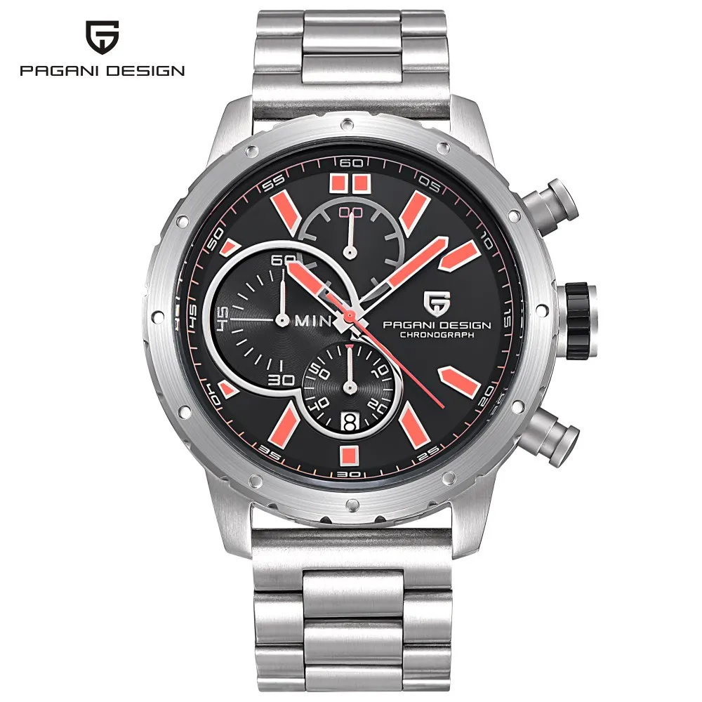 Часы мужские водонепроницаемые Хронограф Спортивные кварцевые часы люксовый бренд PAGANI Дизайн военные наручные часы relogio masculino - Цвет: steel orange B