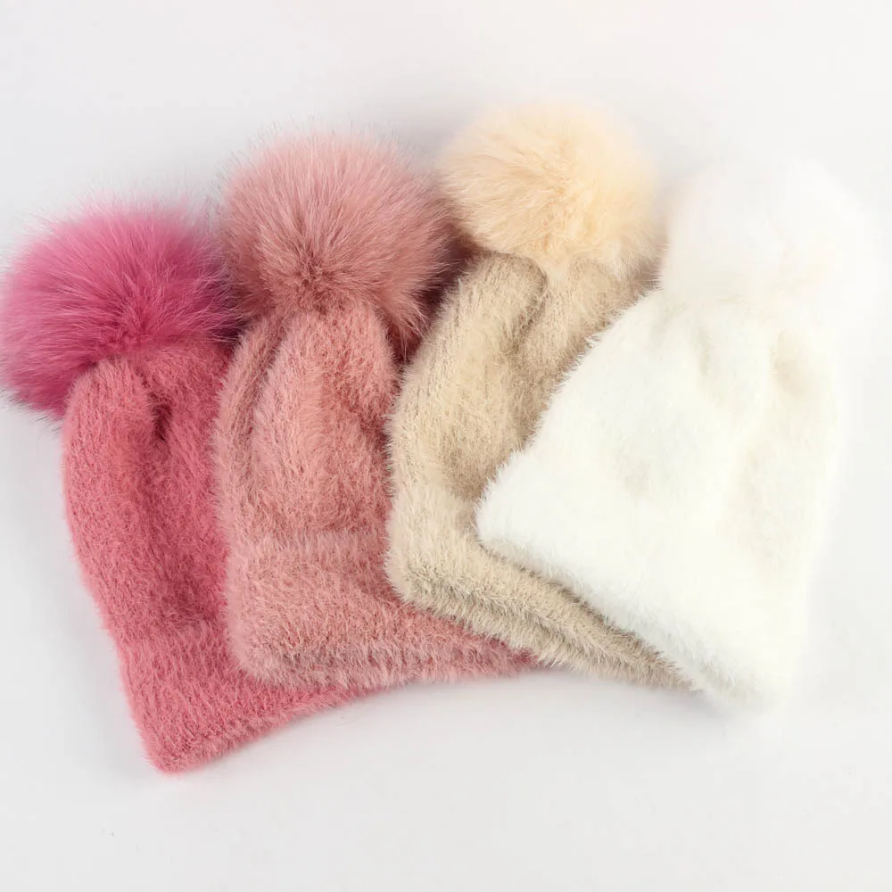 Geebro  ܿ   2018 New Wool Warm Slouchy Beanie   Skullies HatReal Fox Fur Pompom DQ838