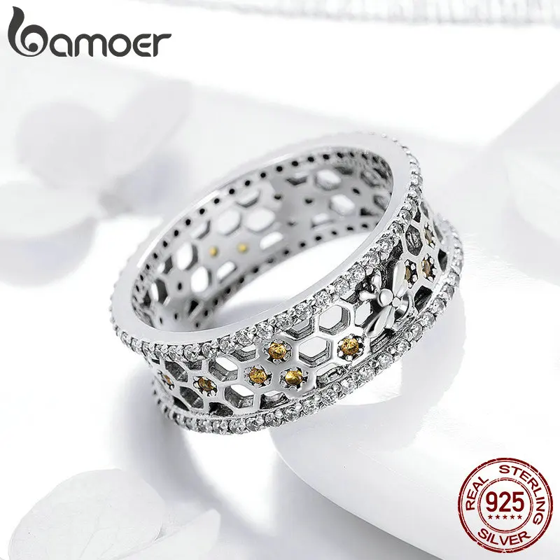 BAMOER Genuine 100% 925 Sterling Silver Trendy Bee & Honeycomb Clear CZ Finger Rings Engagement Wedding Jewelry Gift SCR391