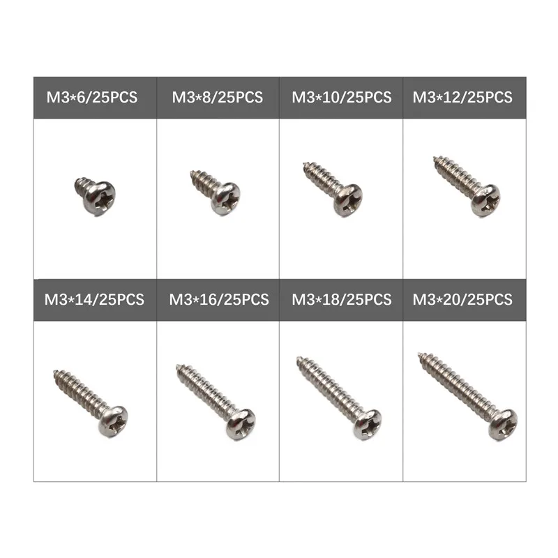 Surtido de tornillos M3 810 piezas M3 x 4/6/8/10/12/14/16/18/0.787 in  Surtido de pernos métricos de acero inoxidable 304 Tornillos de máquina  Phillips