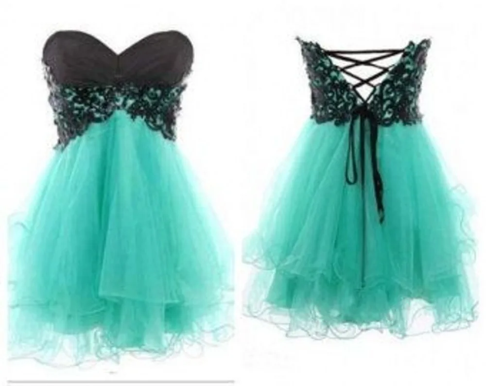 

2015 mint green strapless homecoming dresses with black lace top corset back A line puffy mini graduation dresses short