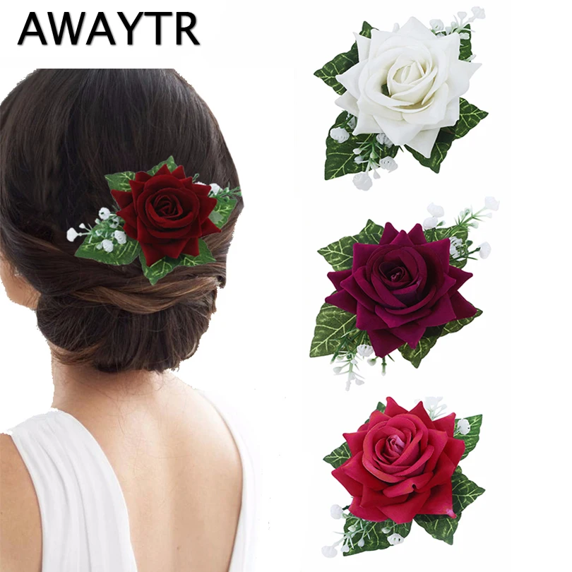 AWAYTR шпильки в виде цветка розы для женщин, броши для невесты, заколки для волос, элегантные женские свадебные аксессуары для волос, 4 цвета для девочек