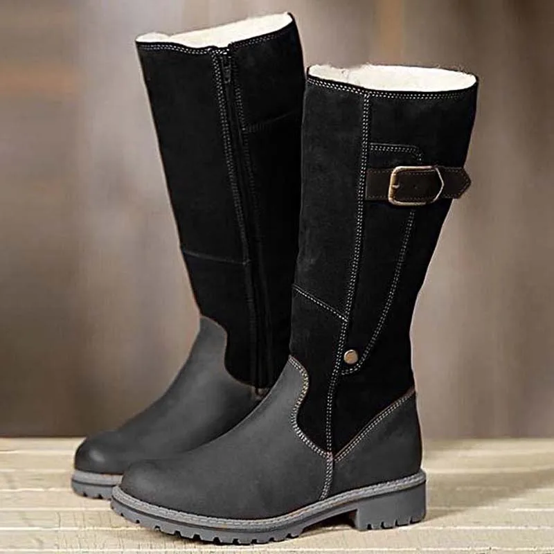 Женские ботинки до середины икры; сезон осень-зима повседневные теплые модные женские ботинки с круглым носком на низком квадратном каблуке, на молнии, с пряжкой размеры 36-43 - Цвет: Черный
