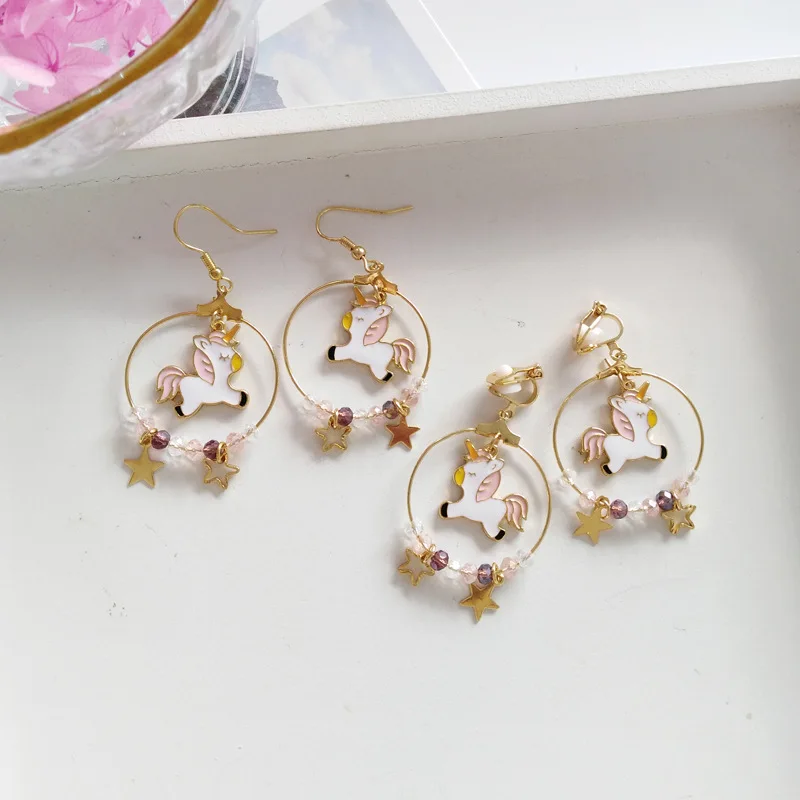 

Round Circle Glass Beads Golden Star No Ear Hole Earrings Pink Unicorn Non Piercing Clip On Earrings For Lovely Girls Women