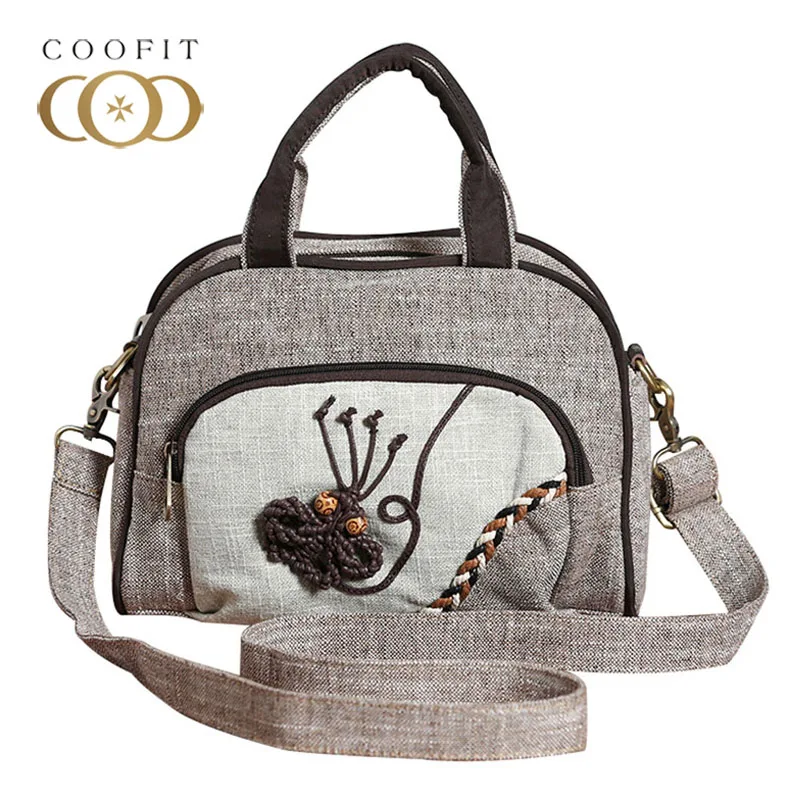 

Coofit Folk Style Womens Fashion Handbag Casual Multipocket Cotton Linen Shoulder Bag For Lady Women Handmade Crossbody Tote Bag