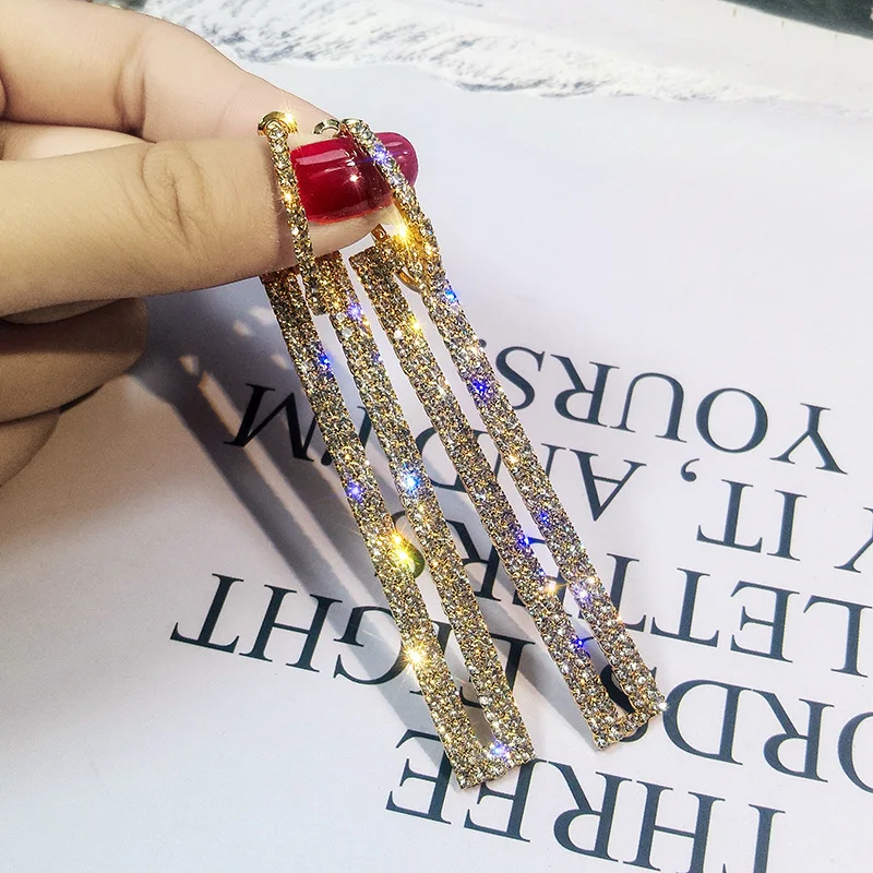 2019 Fashion Long Geometric Drop Earrings Luxury Gold Silver Color Rectangle Rhinestone Earring for Women Party Jewelry Gift | Украшения и