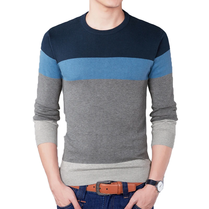 Осенний модный брендовый Повседневный свитер с круглым вырезом в полоску, приталенный мужской свитер, пуловеры для мужчин, свитер контрастного цвета