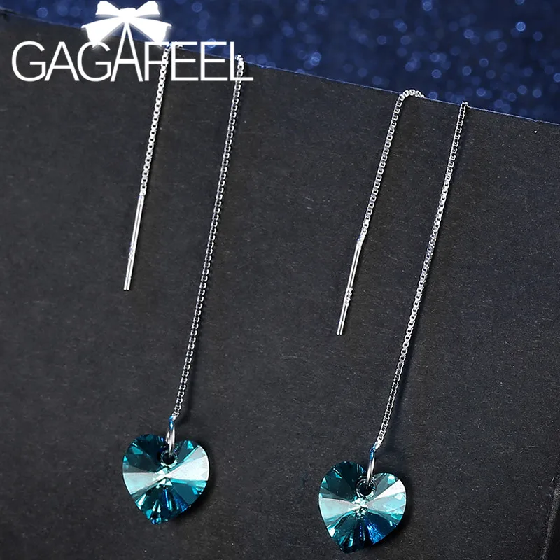 

GAGAFEEL Crystal Heart Line Drop Earrings Real 925 Sterling Silver Wedding Jewelry For Women Long Drop Earrings Party Ear Gifts