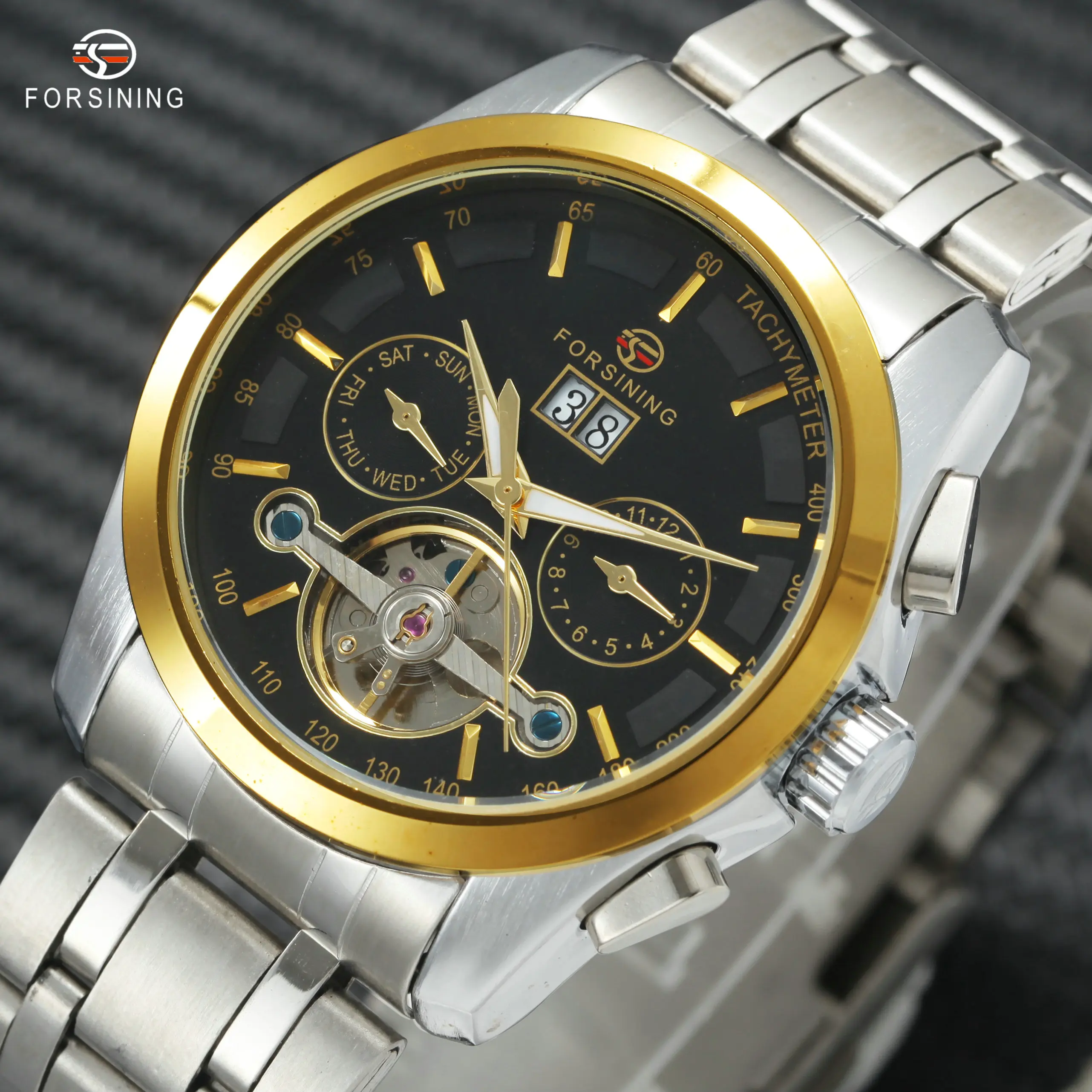 

FORSINING Golden Tourbillon Mechanical Wristwatches Men Stainless Steel Strap Sub-dials Calendar Clock Fashion Automatic Watch
