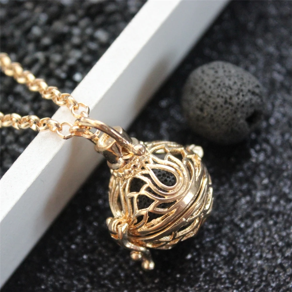 

Gold Color Lotus Flower Copper Mexico Bola Open Locket Essential Oil Diffuser Necklace Aroma Necklace with Lava Stone