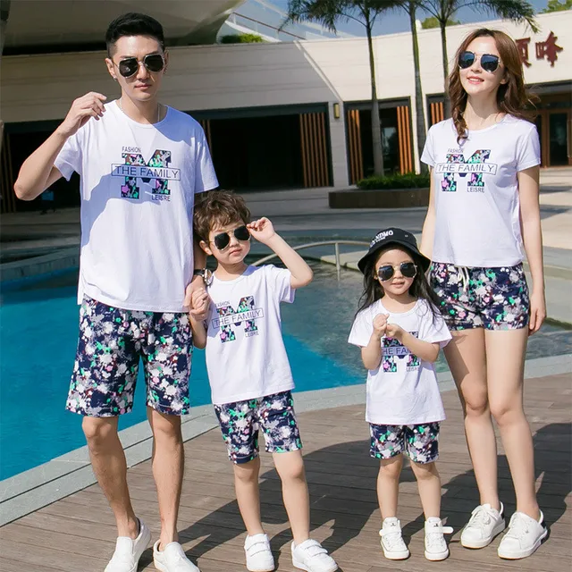 Family Matching Outfits Holiday Clothes Two Pieces Print Floral Blue