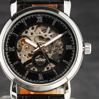 

2015 New Fashion Watches Men Luxury Brand Vintage Stainless Case Roman Skeleton Dial Automatic Mechanical Leather Strap Relogio