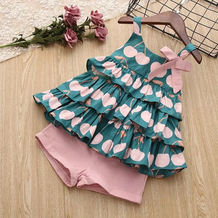 AX1063Pink Menoea для девушек Комплекты сезон: весна–лето с цветочным рисунком для детей, футболка без рукавов+ однотонные шорты, комплект из 2 предметов, Детский комплект, модный От 3 до 7 лет детская одежда - Цвет: AX1063Pink