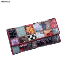 Maillusion Portefeuille Femelle Mode Geniuen En Cuir Peau de Vache Couture Femmes Portefeuille Titulaire de la Carte Longue Bourse Concepteur de L’argent de Poche