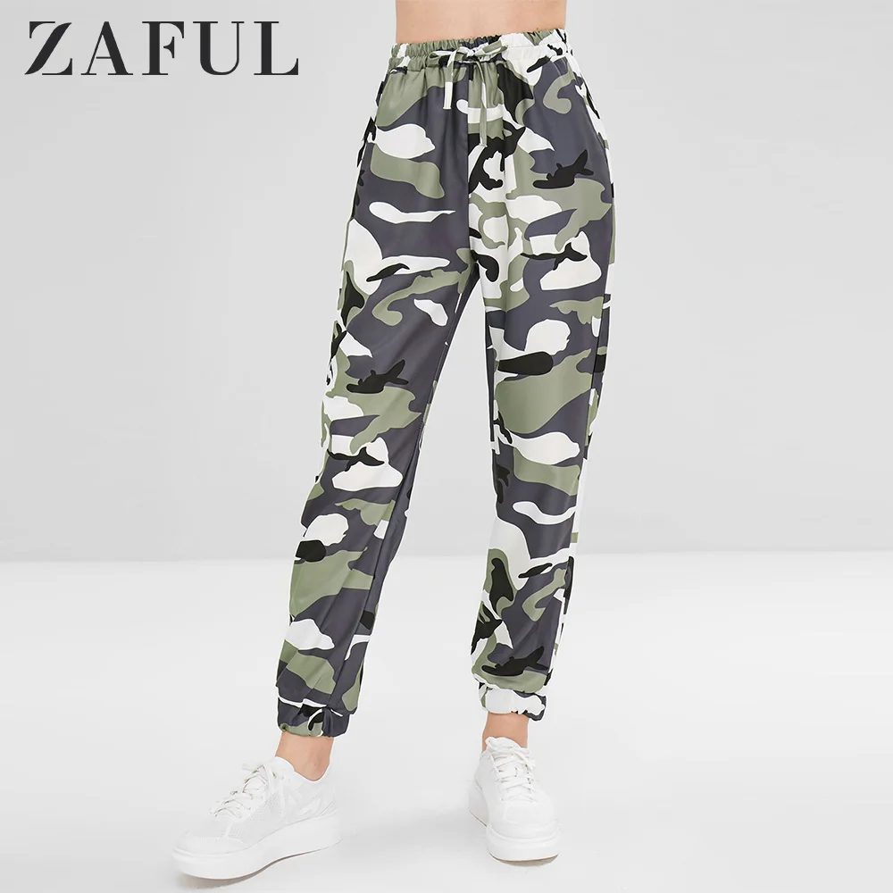 

ZAFUL Camouflage Drawstring Jogger Pants Drawstring Cotton High Waist Women Capris Pants Streetwear 2019 Fall Long Bottom Autumn