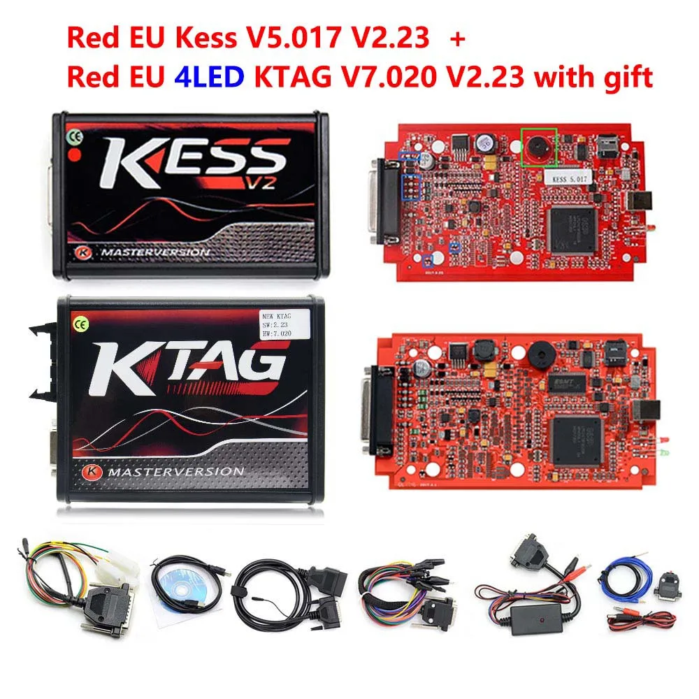 Онлайн V2.47 ЕС красный Kess V5.017 OBD2 менеджер Тюнинг Комплект KTAG V7.020 4 светодиодный Светодиодный программатор BDM 4 зонд ручки полный набор 22 шт. BDM Адаптеры для сим-карт - Цвет: KESS 2.23 KTAG