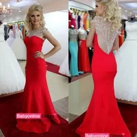 Custom Made Design O Neck Sheer Back Red Crystal Long Elegant Mermaid Prom Dresses Evening Gowns Dresses 2015 New Arrival
