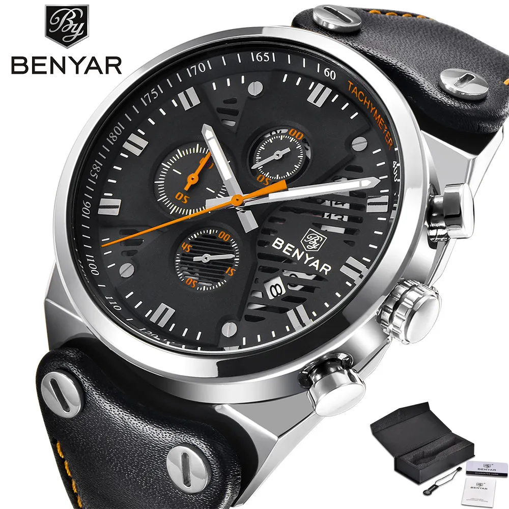 

BENYAR High Quality Army Military Fashion Men's Wristwatch Multicolor Chronograph Date Design Dial Genuine Leather Band Watches