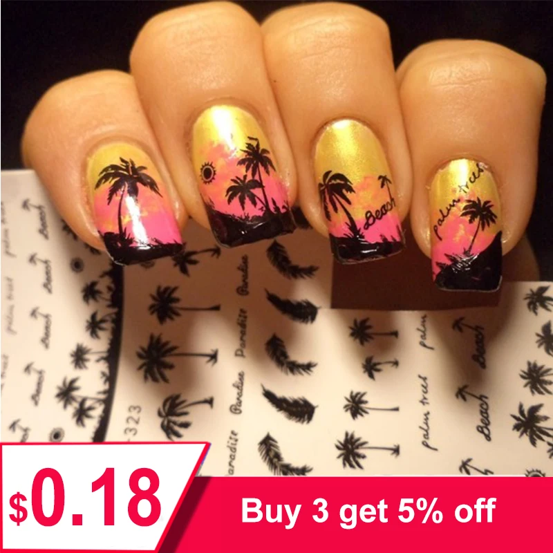 1 Sheet Feather Nail Water Decals Coconut Tree Summer Style Transfer Stickers Nail Art Sticker Tattoo Decals